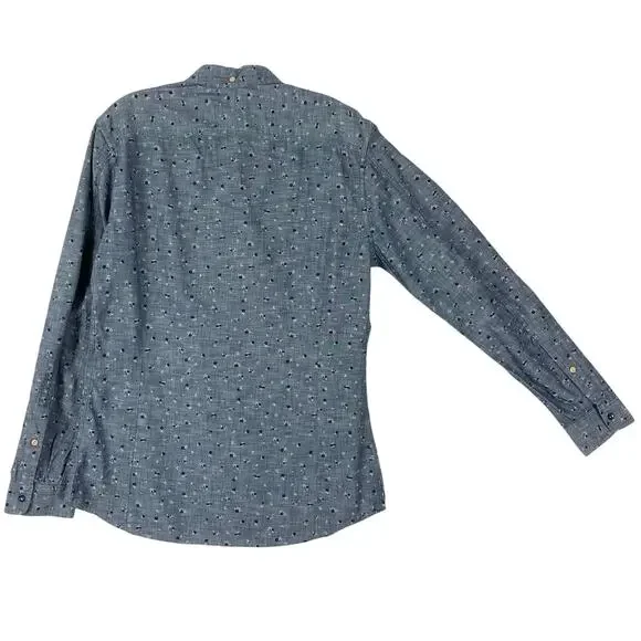 Nwot DIESEL Shirt M Grey Floral Blue-Snaps Logo Pocket Long-Sleeve Cotton“Sermon
